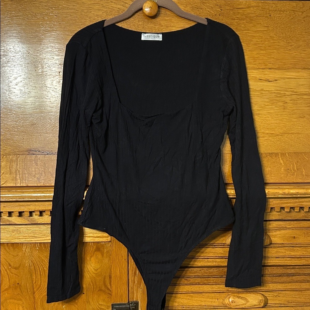 Vestique Y2K Dark Feminine Black Ribbed Long Sleeve Square Neck Bodysuit Large